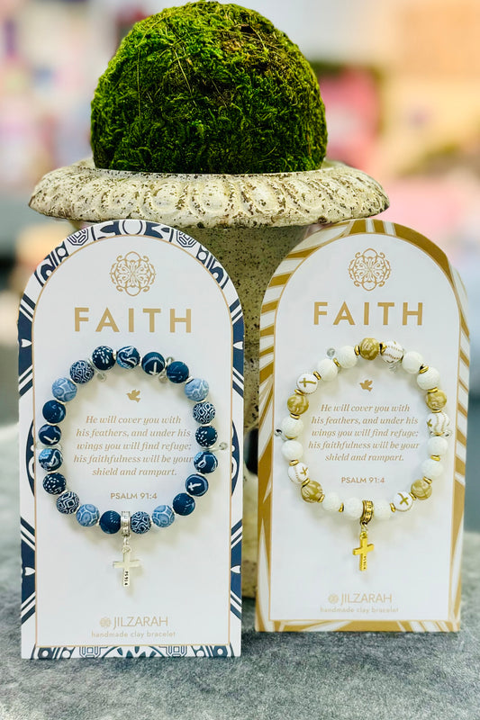 Faith Clay Beaded Bracelet with Cross Charm by Jilzarah- Choice of ivory or blue.