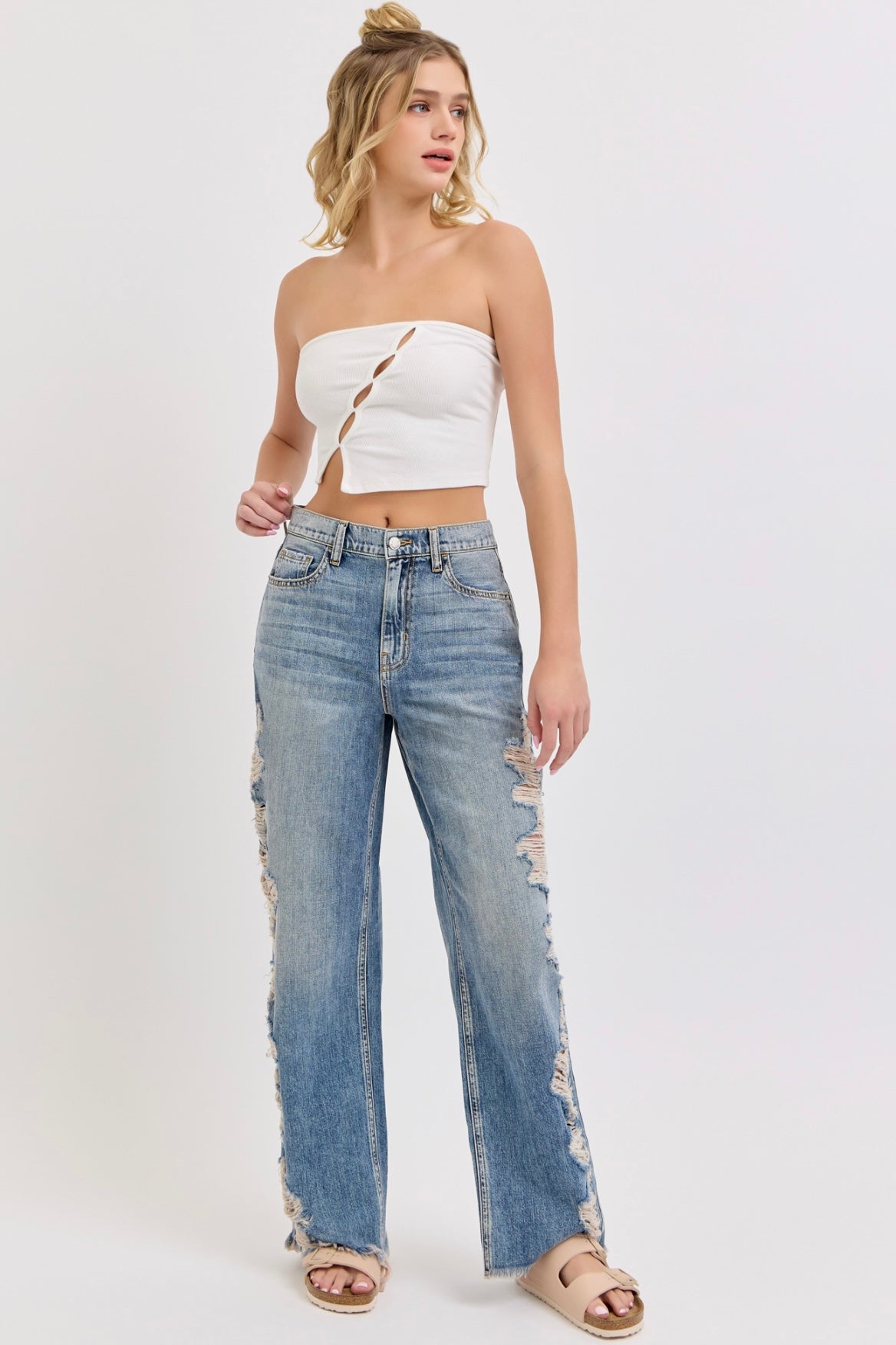 Cello High Rise Distressed Wide Leg Jean
