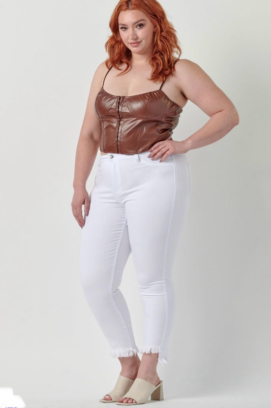 Plus White Cello AB76316WHTP Mid Rise Crop Skinny with Slanted Fray Hem