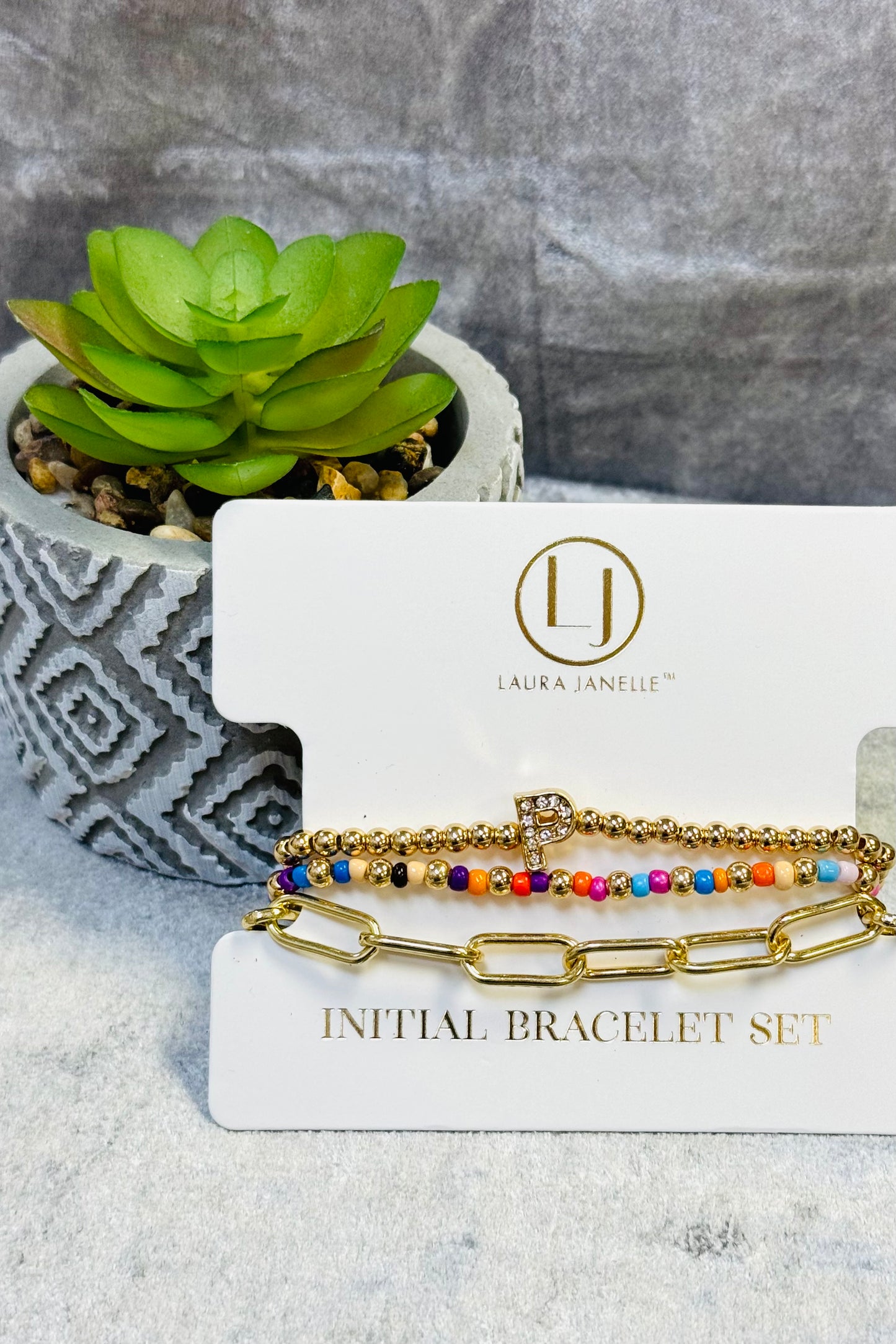 Laura Janelle Initial Bracelet Set in Gold  (Choose your initial.)