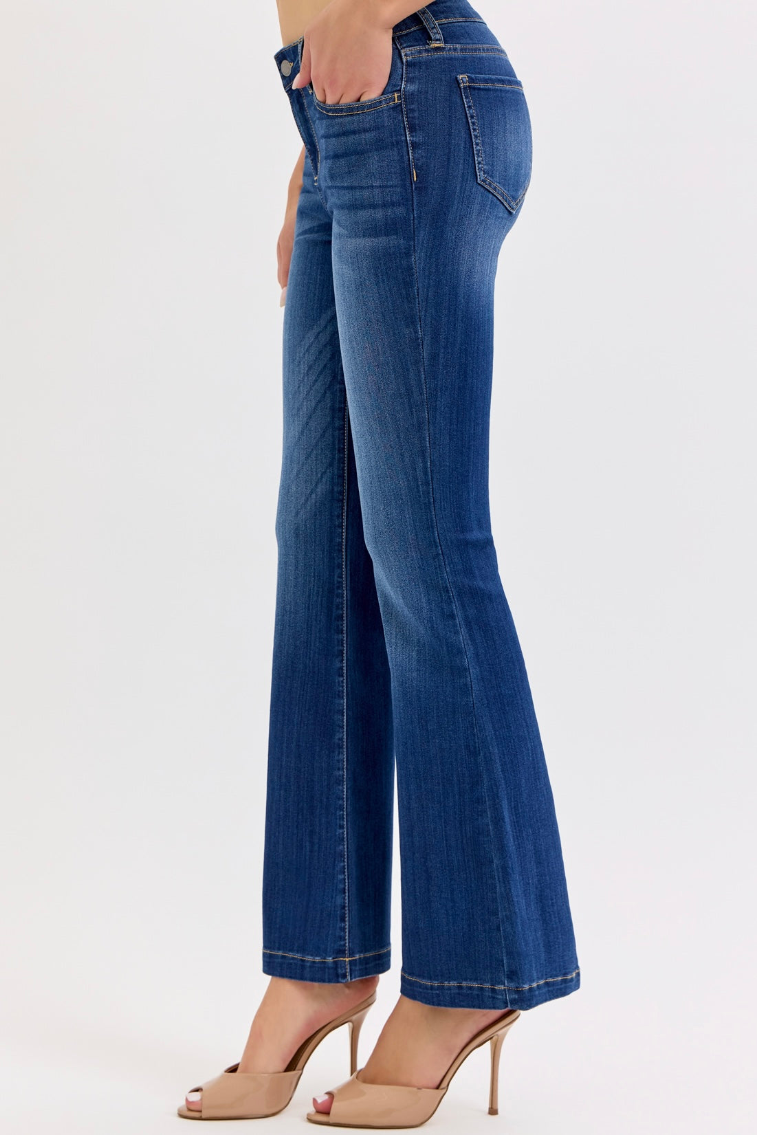 Cello Petite Mid Rise Flare Dark Wash Jeans