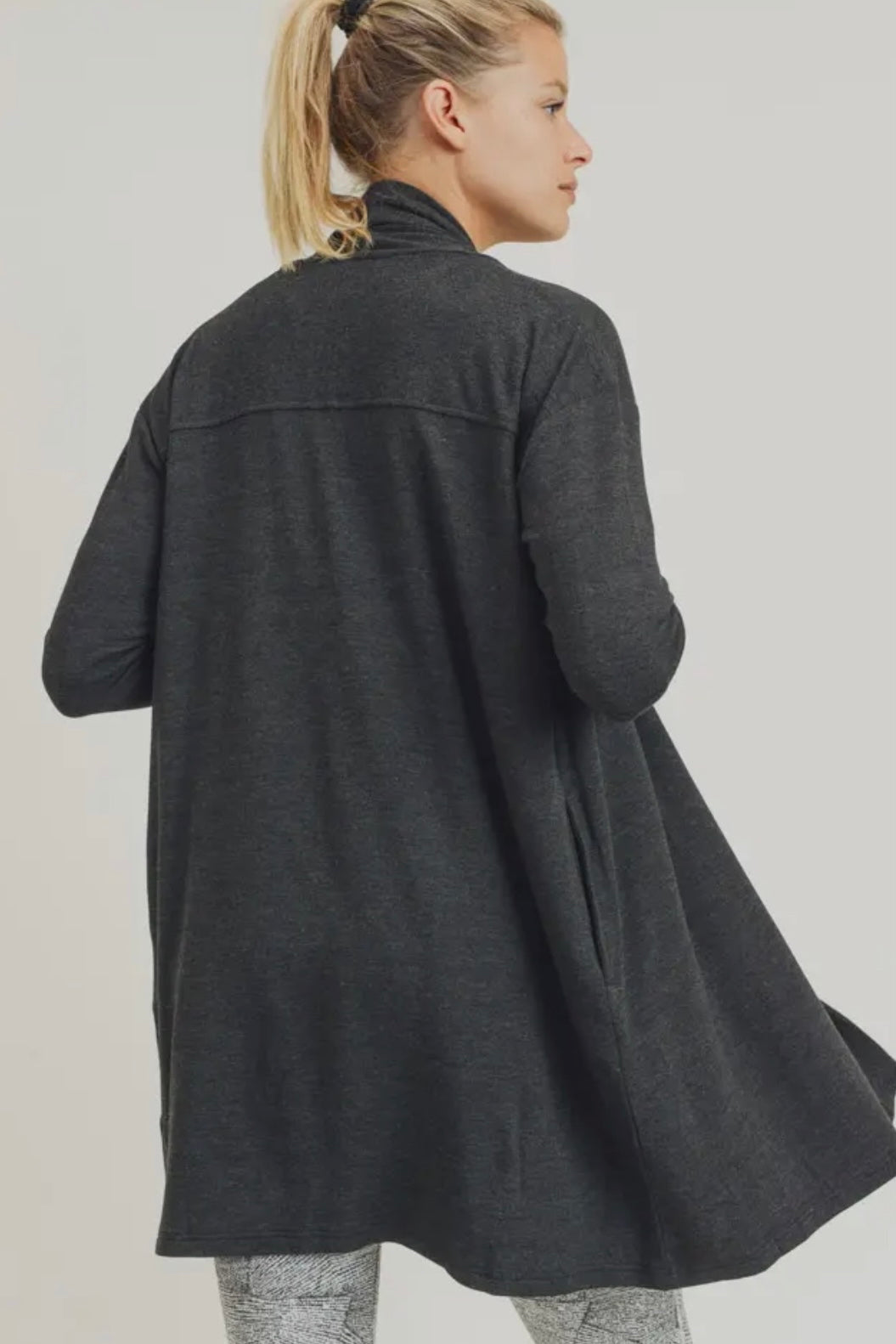 Heathered Black Open Front Cardigan with Back Yoke and Pockets