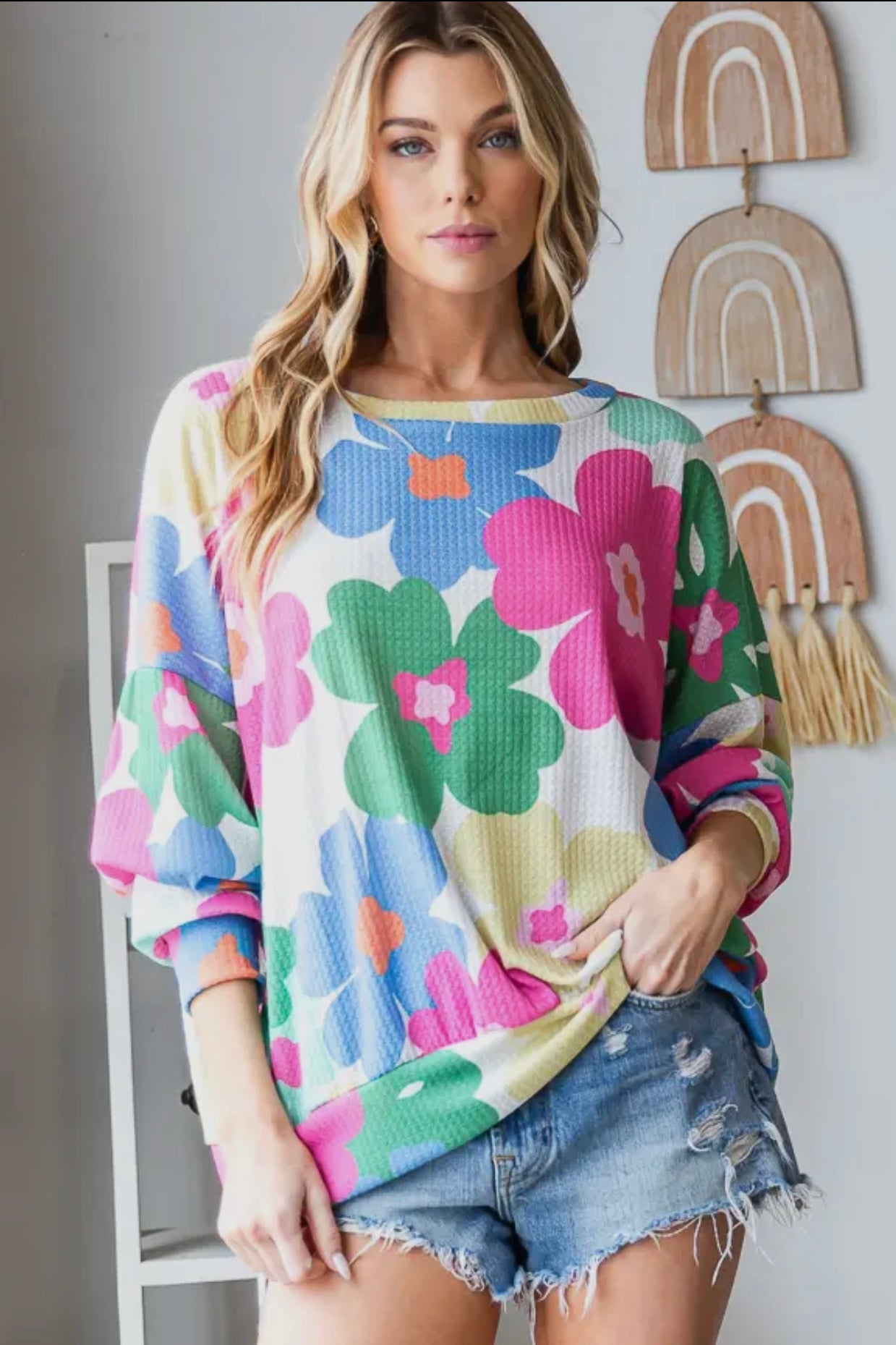 Fun Floral Oversized Round Neck Long Sleeve Top