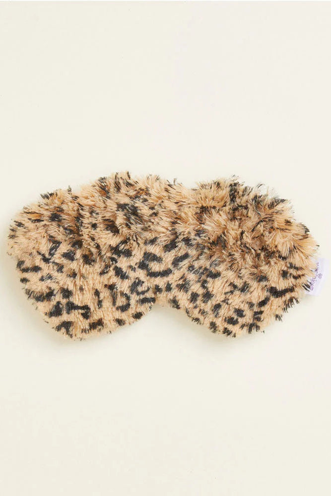 Fluffy leopard print eye mask on a white background