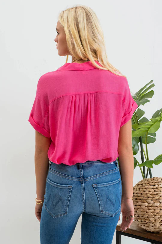 Fuchsia Short Sleeve Button Down Woven Top