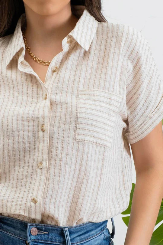 Khaki Short Rolled Sleeve Striped Button Up Linen Blend Top