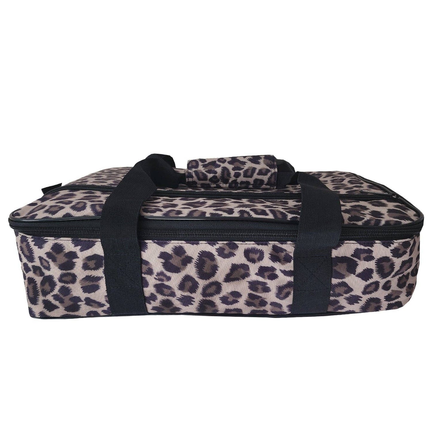Leopard print travel bag with black straps on a white background