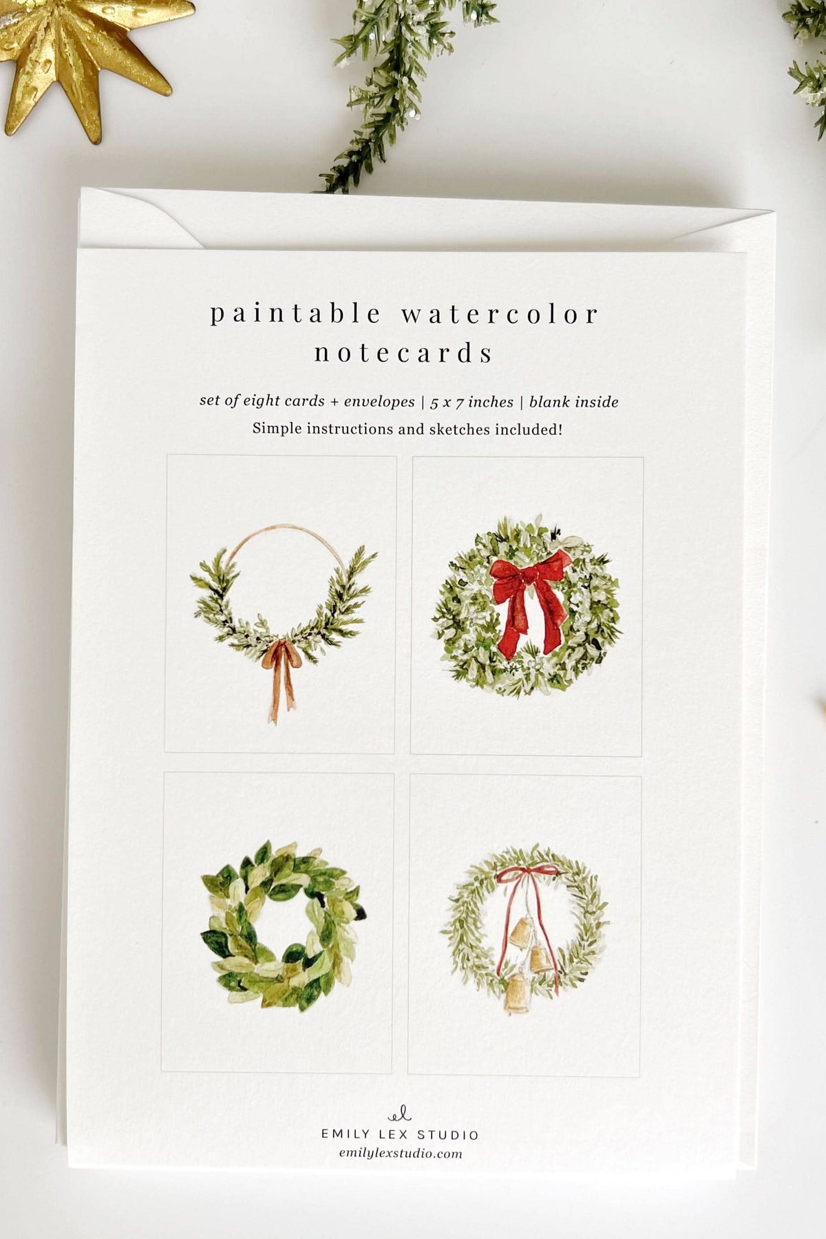 Christmas Wreaths Paintable Watercolor Notecard Set of 8- Emily Lex Studio