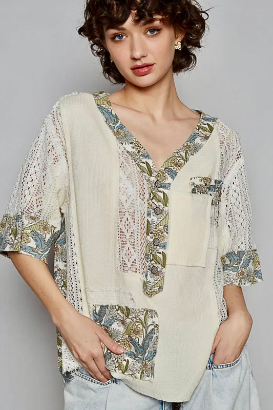 Cream Vintage Wash Short Sleeve Print Patch Top by POL