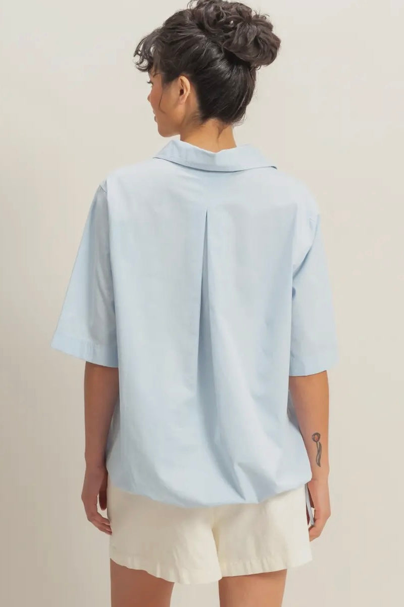 Crisp Cotton V Neck Top with Side Ties in Light Blue