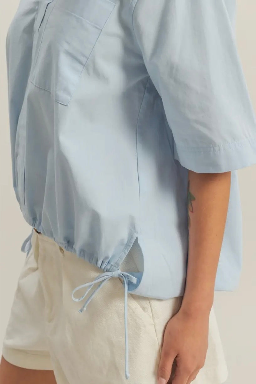 Crisp Cotton V Neck Top with Side Ties in Light Blue