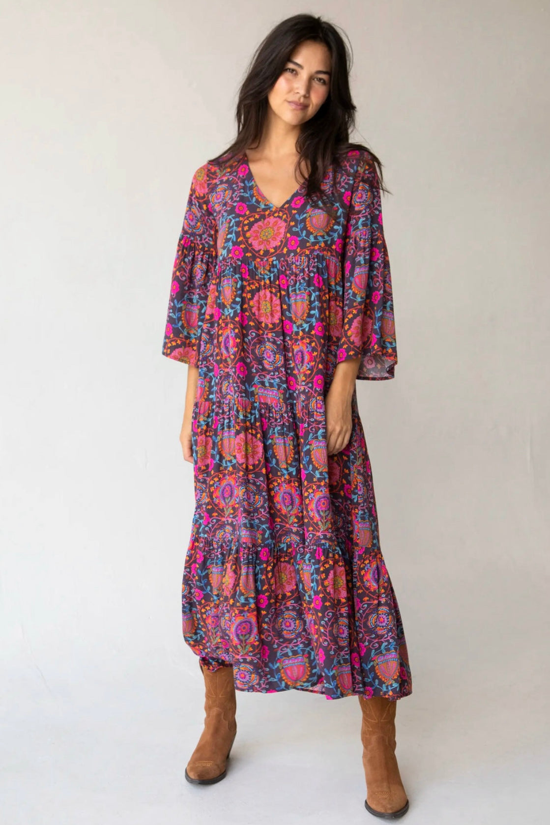 Natural Life Charlotte Midi Dress in Black Printed Folk Circles