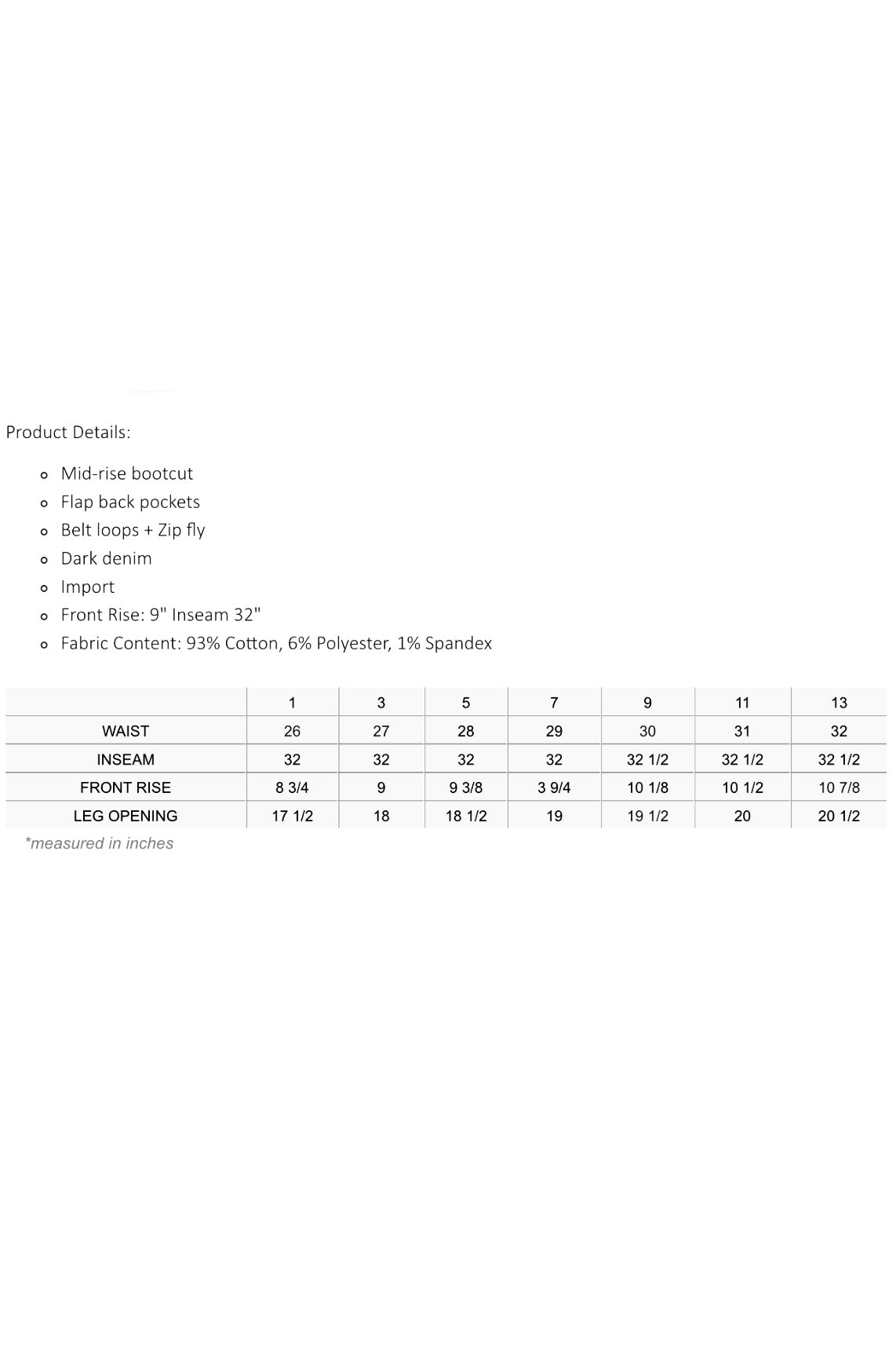 Cello Mid Rise Dark Wash Bootcut Jeans with Button Flap Back Pockets