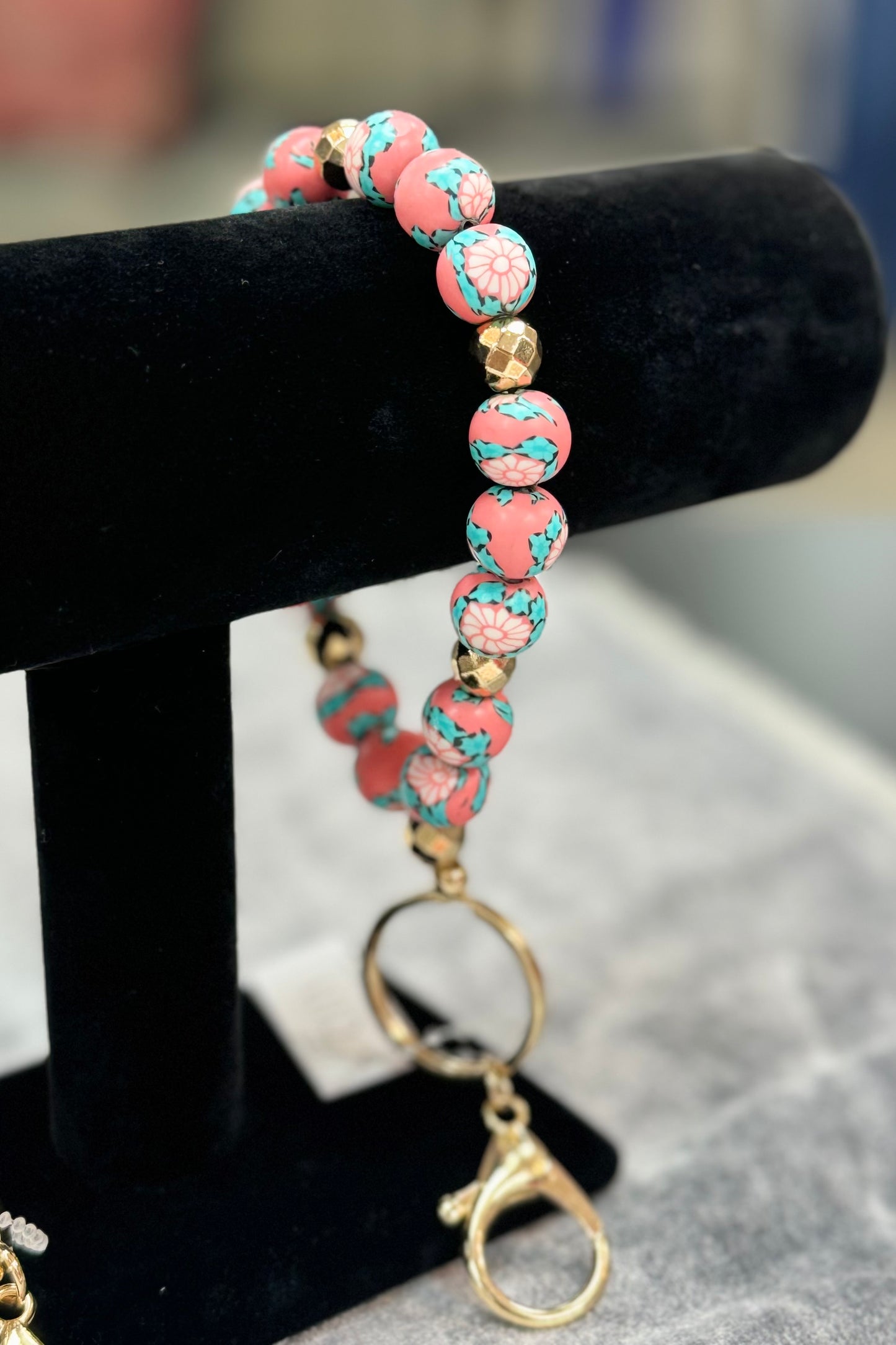 Floral Clay Beaded Bracelet Keychain- Choice of blue or coral.