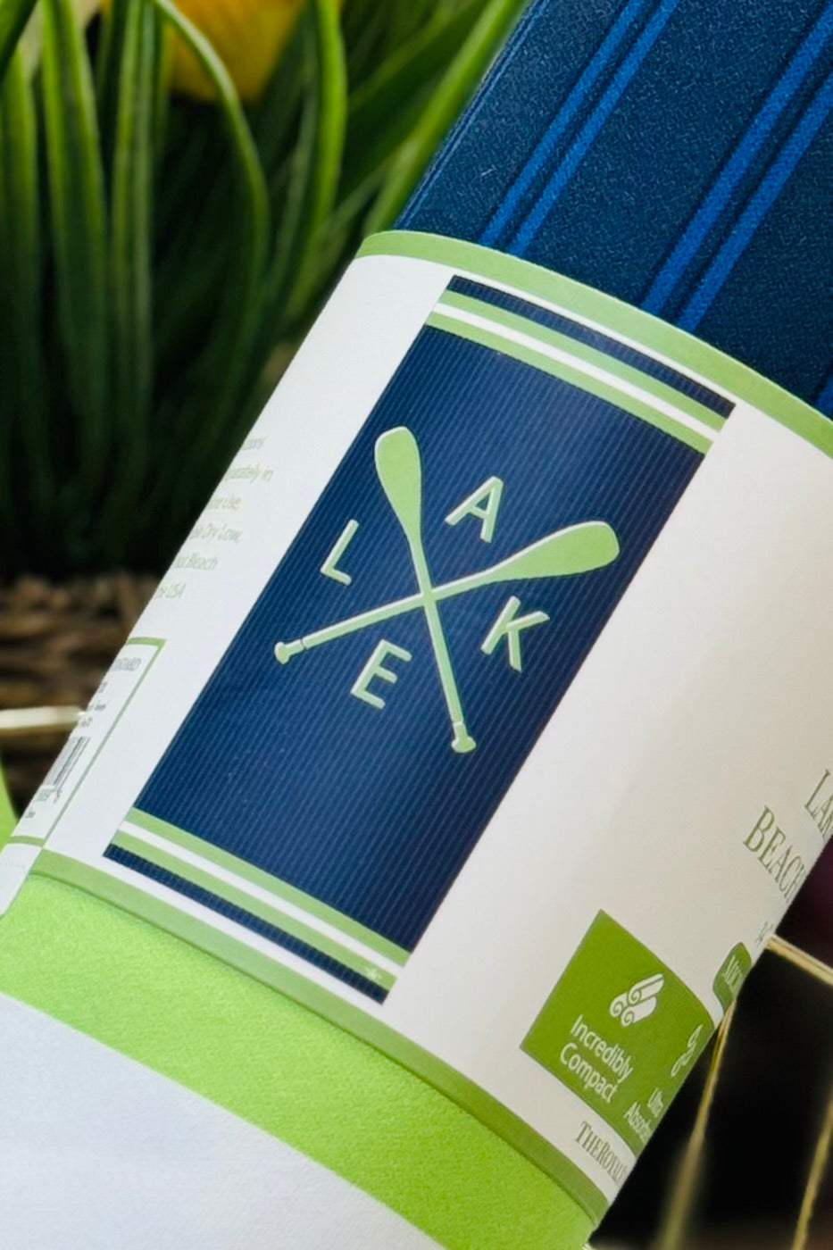 Lake Oar Microfiber Beach Towel in Navy, Lime Green, and White