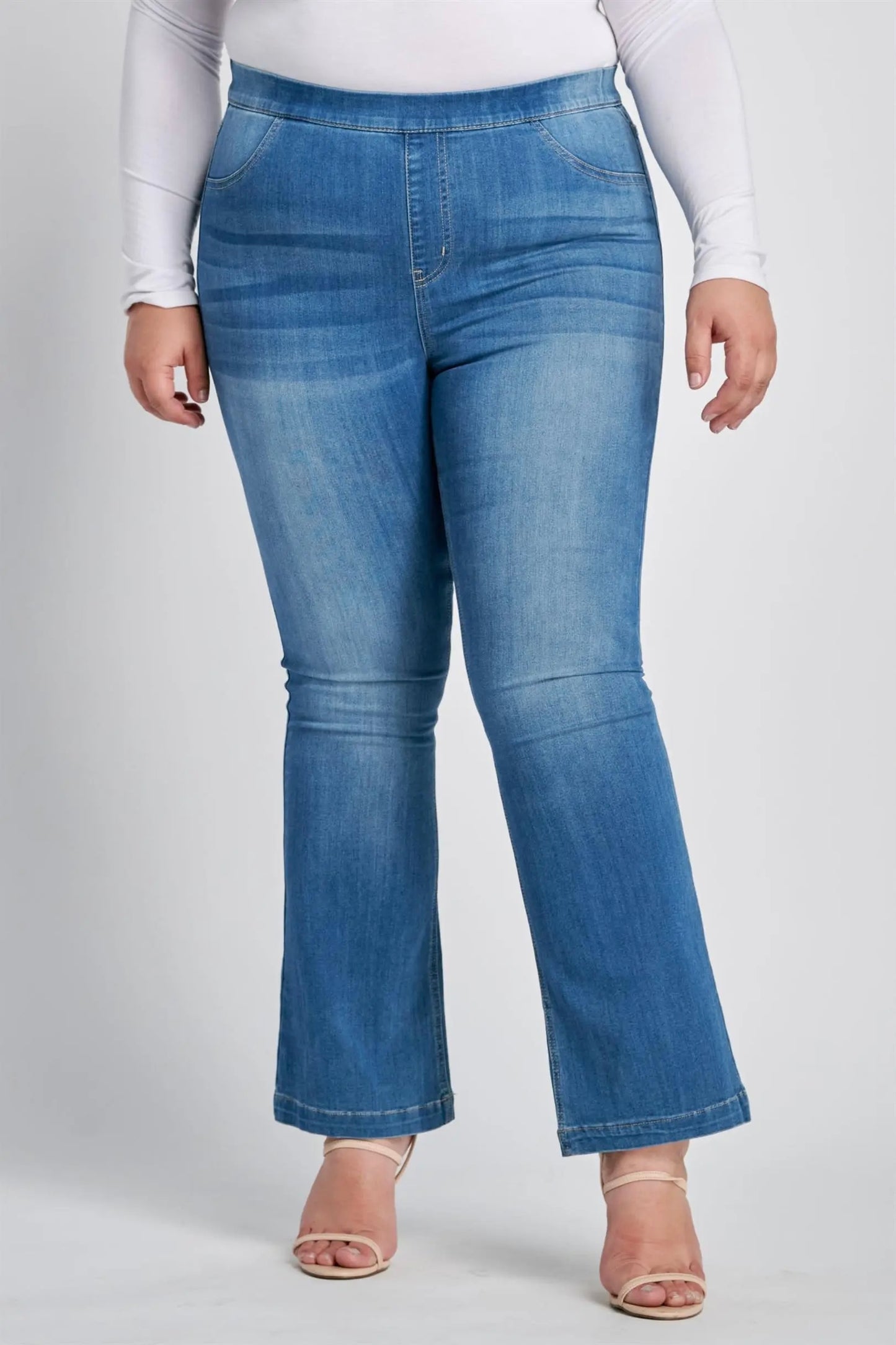 Plus Petite Cello Medium Wash Pull On Ultra Stretchy Flare Denim Jegging- 30" inseam