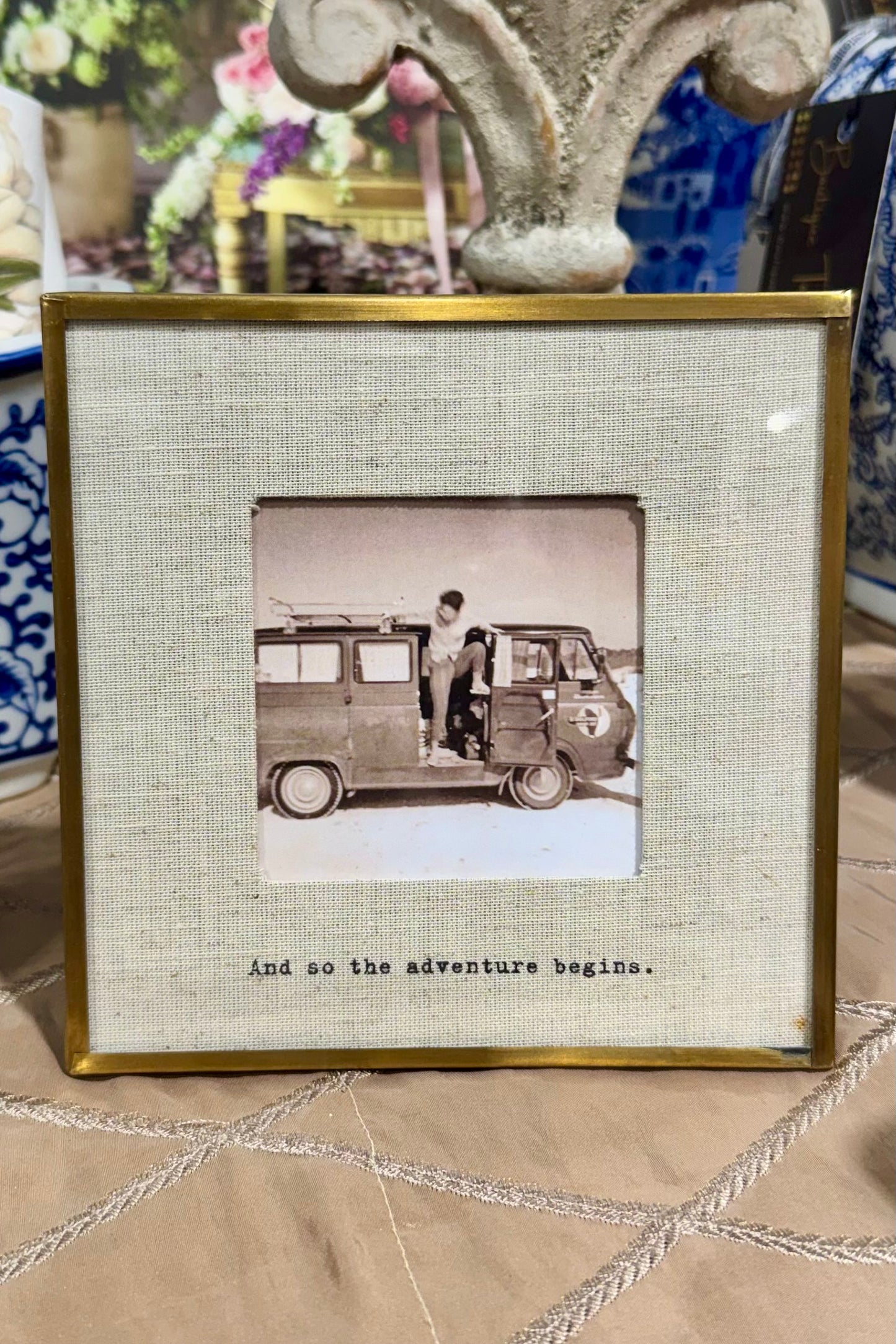 And So The Adventure Begins Brass & Linen Frame by Sugarboo