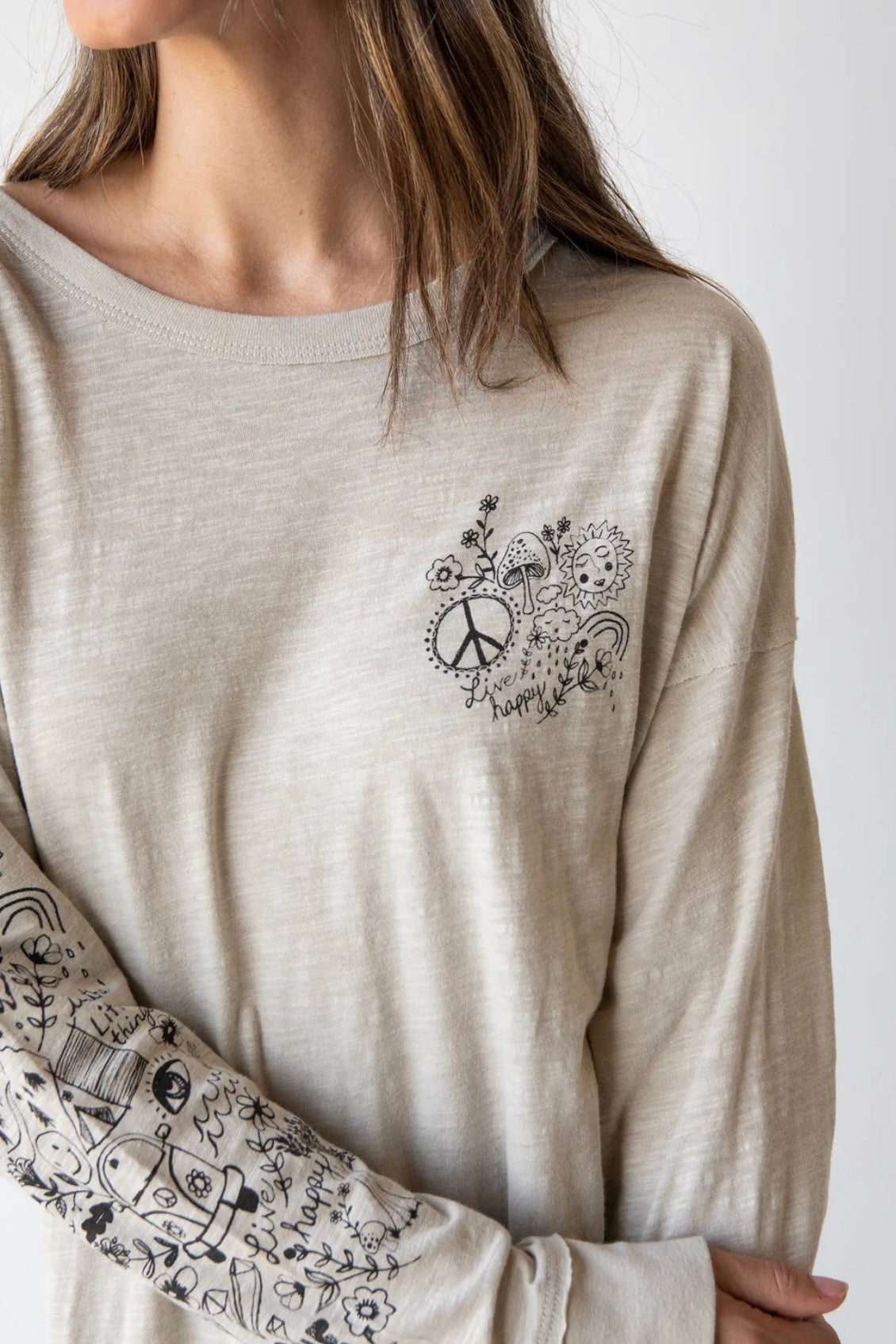 Natural Life Long Sleeve Cotton Doodle Tee - Moonstruck Tan