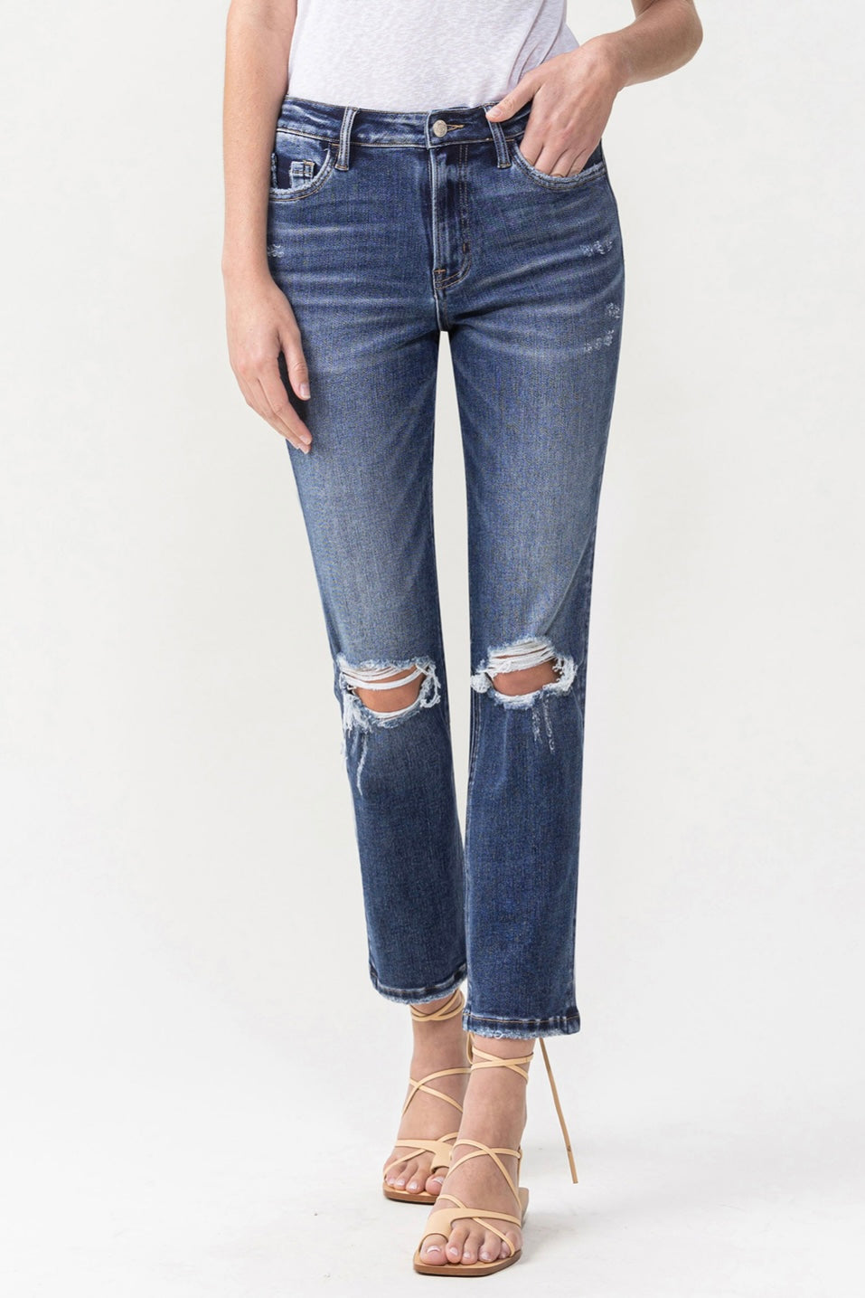 Vintage High Rise Stretch Crop Straight Jean with Distressed Knees LV1030