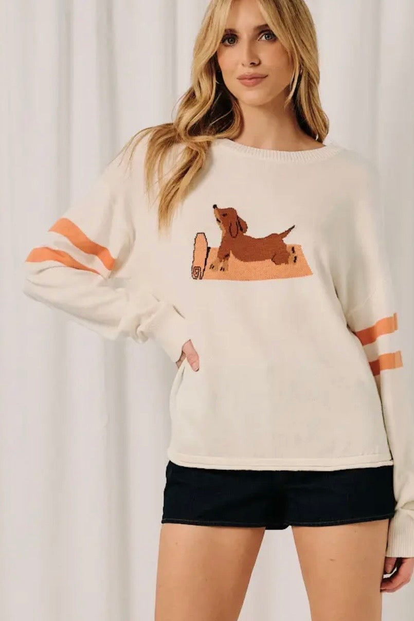 Cream Yoga Dachshund Long Sleeve Lightweight Sweater