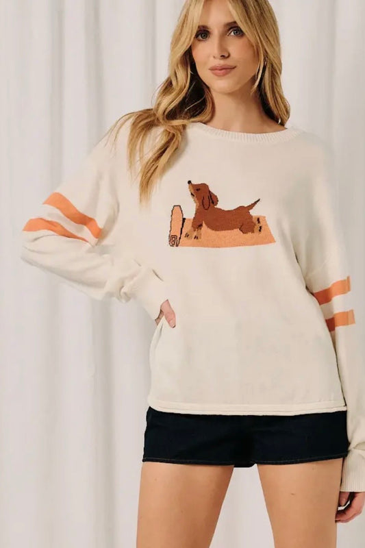 Cream Yoga Dachshund Long Sleeve Lightweight Sweater