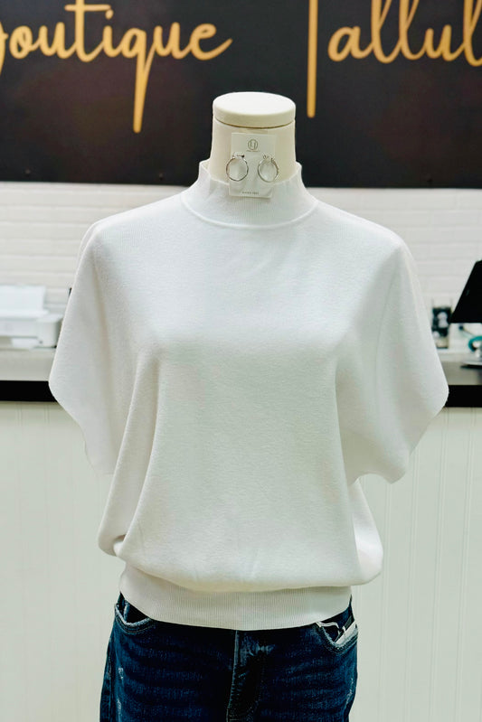 White Mock Neck Short Dolman Sleeve Lightweight Sweater Top