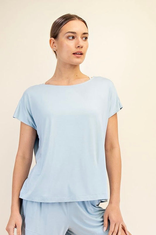 Light Blue Viscose Modal Short Sleeve Boatneck Top