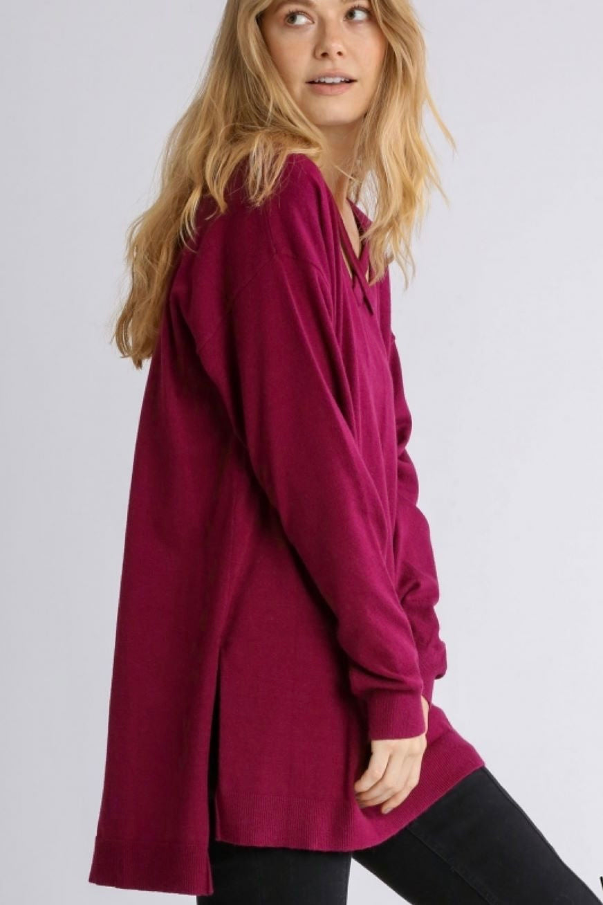 SALE! $24.99 Umgee Crisscross V Neck Oversized Sweater in Wine- reg. $36.99