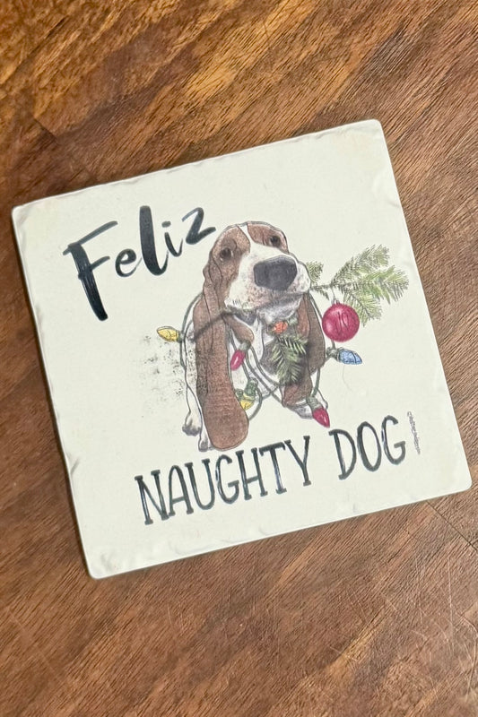 Feliz Naughty Dog Limestone Drink Coaster by Tipsy Coasters