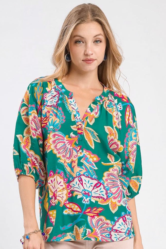 Umgee Emerald Boho Paisley Floral Print Top