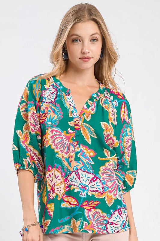 Umgee Emerald Boho Paisley Floral Print Top