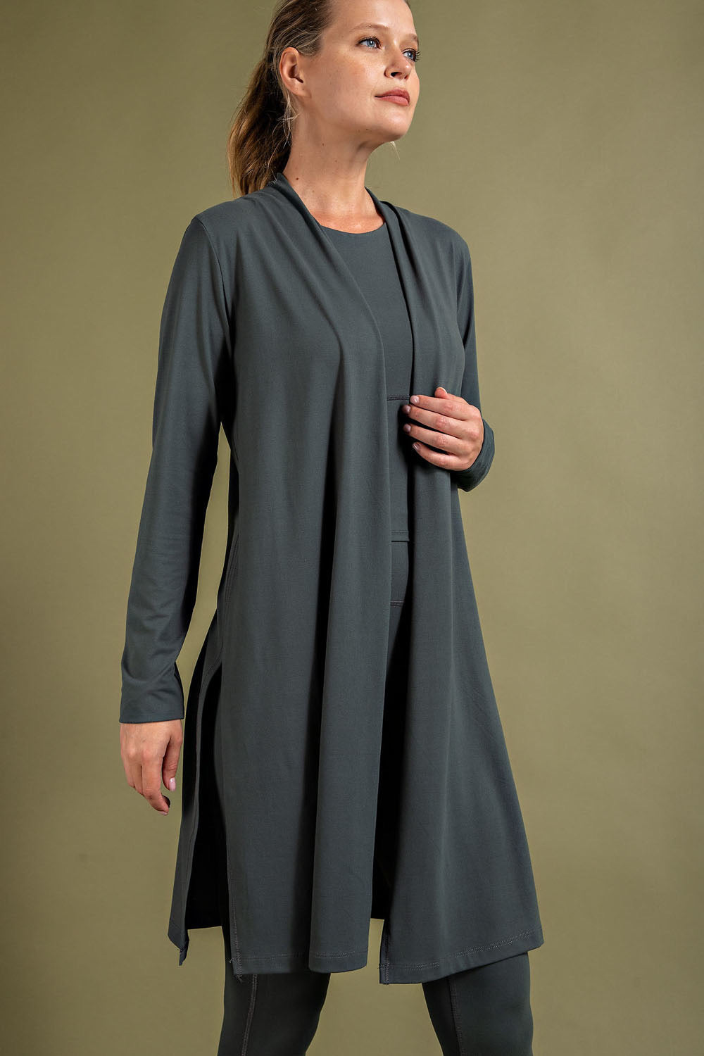 Smoked Spruce Plus Size Butter Soft Long Sleeve Cardigan with 4 Way Stretch and Side Slits