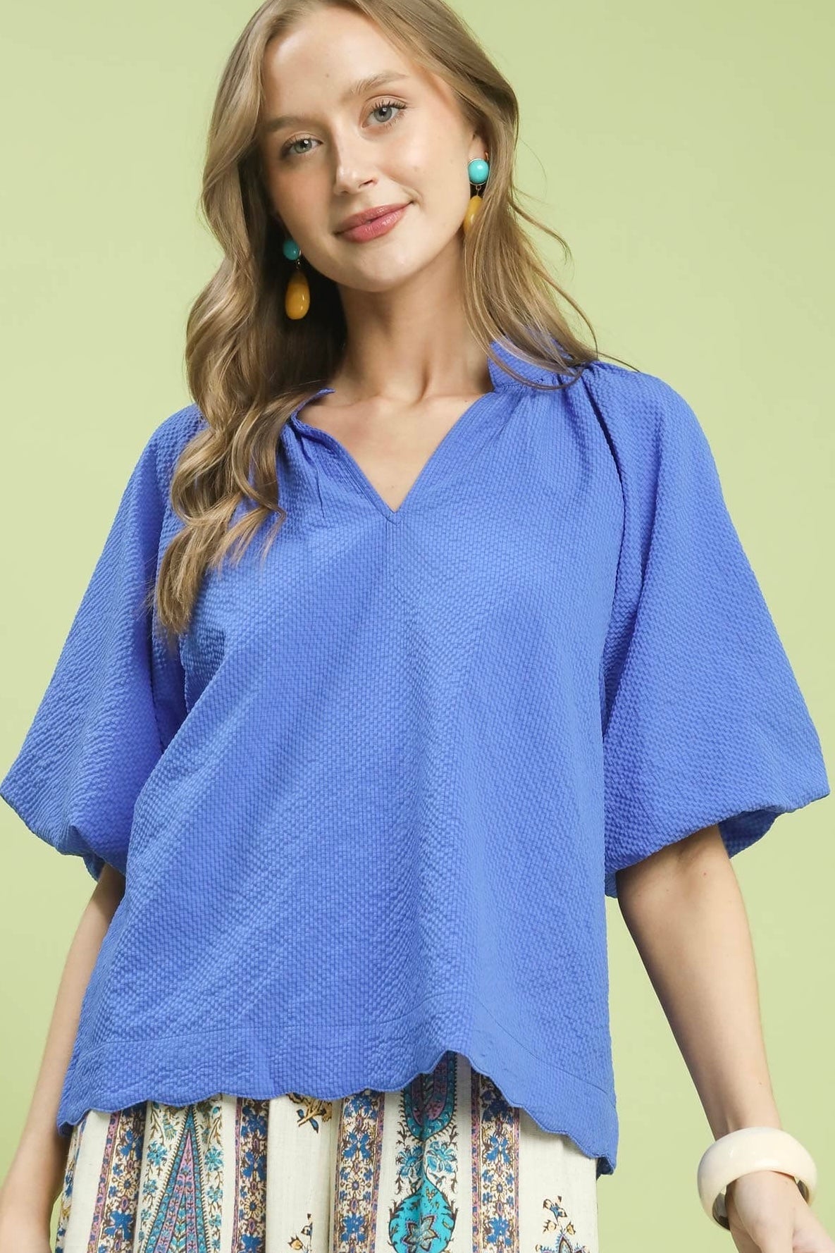 Umgee Ocean Blue Scalloped Hem Top