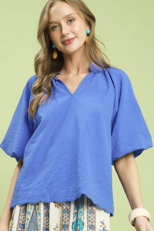 Umgee Ocean Blue Scalloped Hem Top