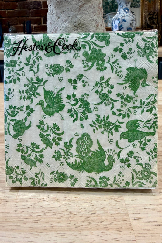 Hester & Cook Green Regal Peacock Cocktail Napkins- Pack of 20