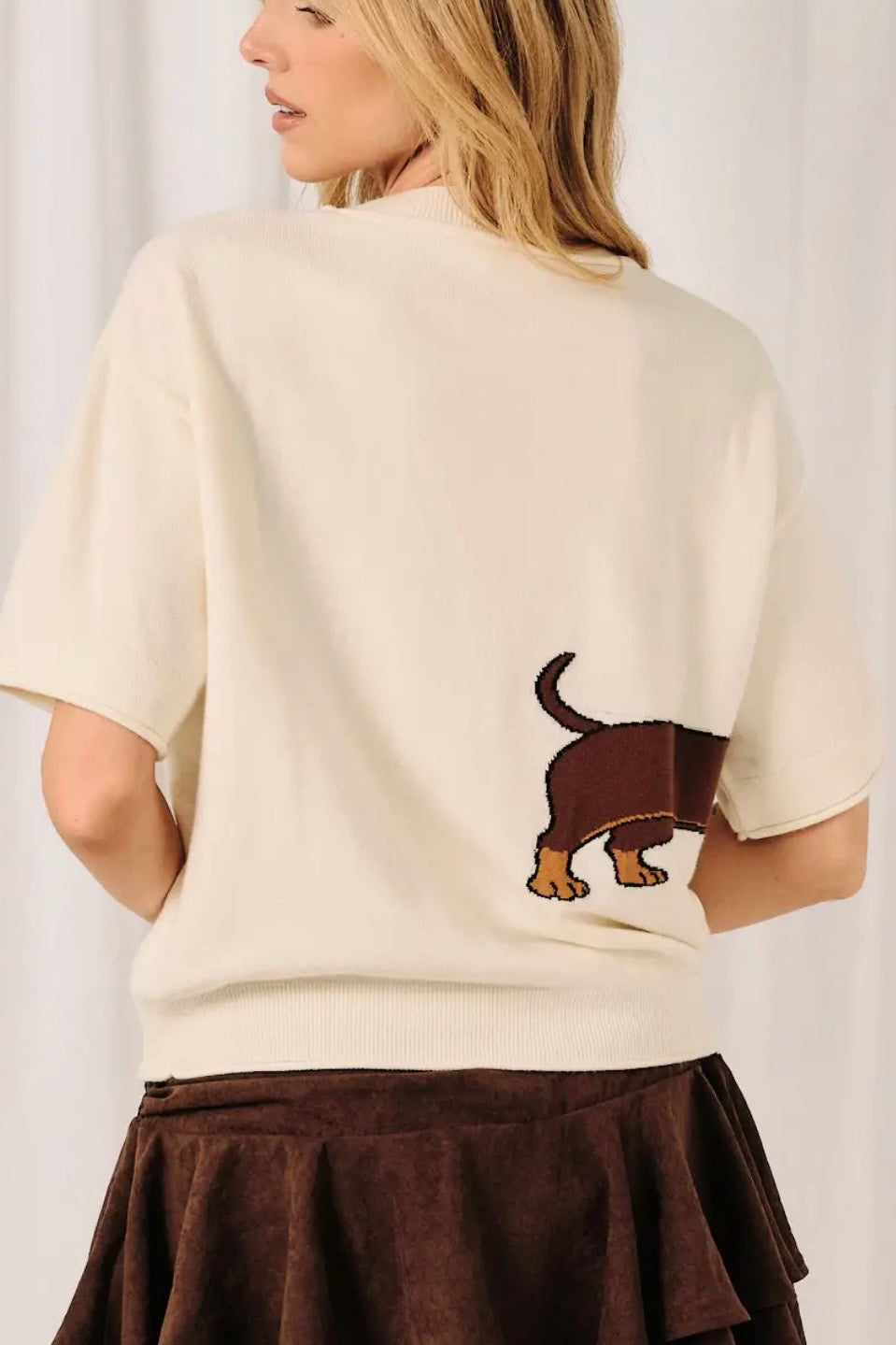 Cream Glam Dachshund Short Sleeve Sweater