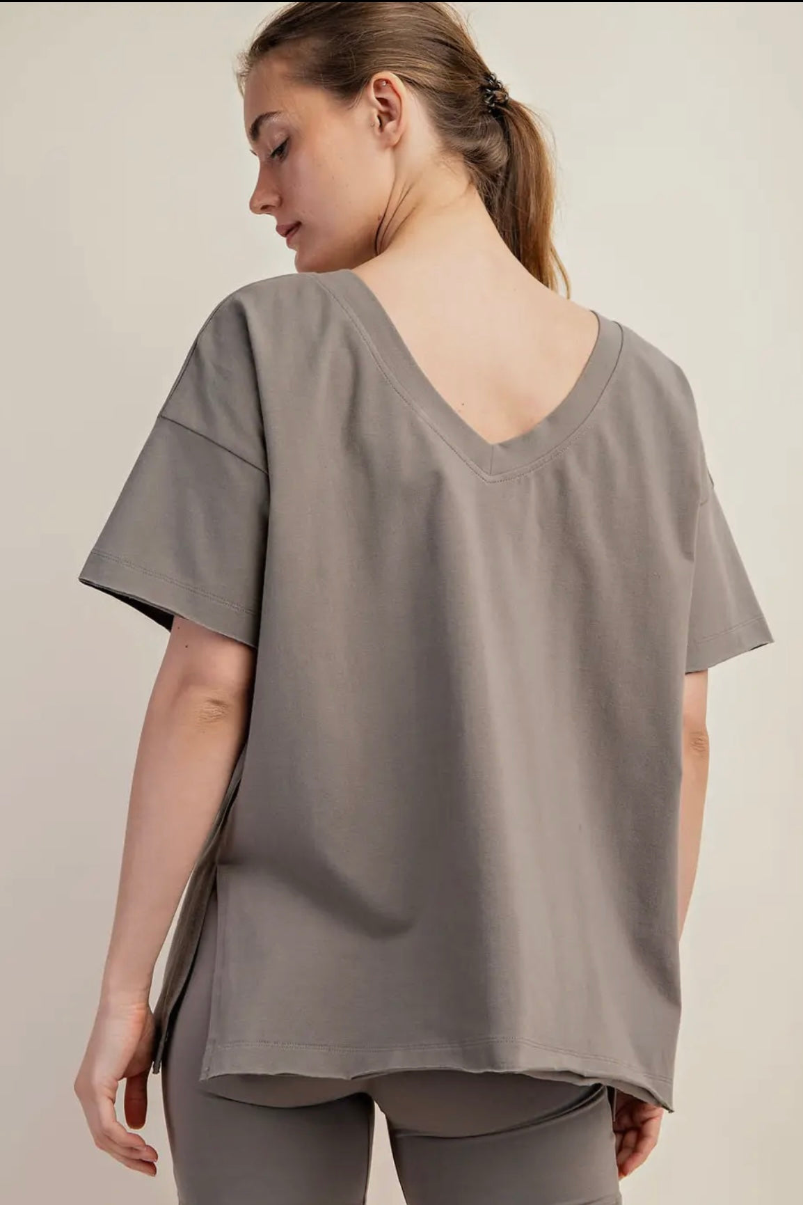 Smoky Olive Oversized Reversible V/Round Neck Short Sleeve Stretchy Tee