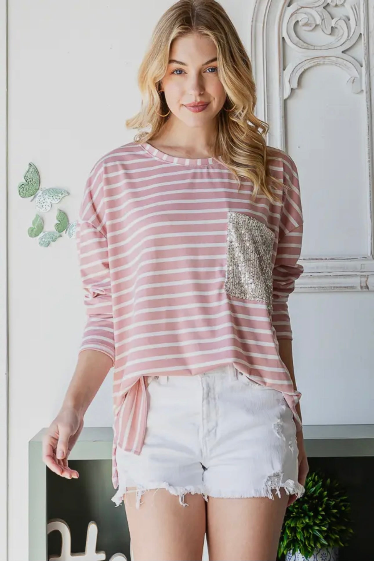 Pink and White Striped Oversized Round Neck Top with Sequin Pocket