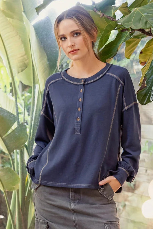 Denim Blue Long Sleeve Henley Top