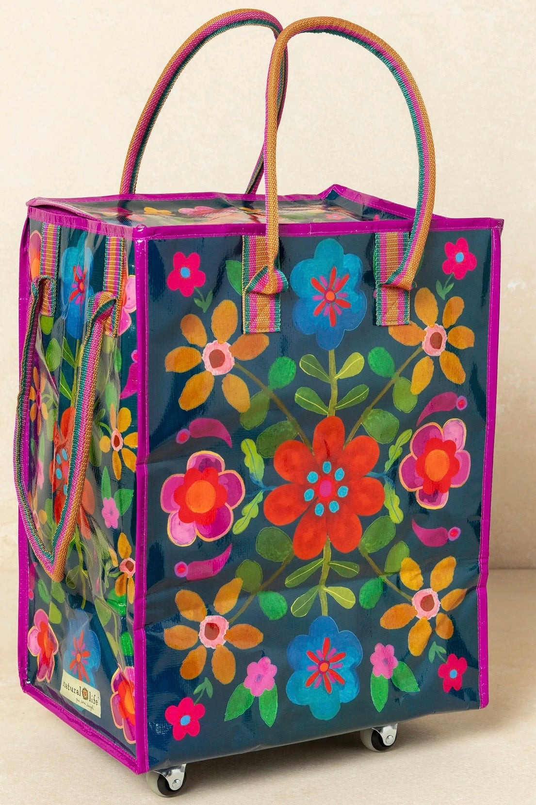 Natural Life Rolling Tote Bag- Teal Folk Flower