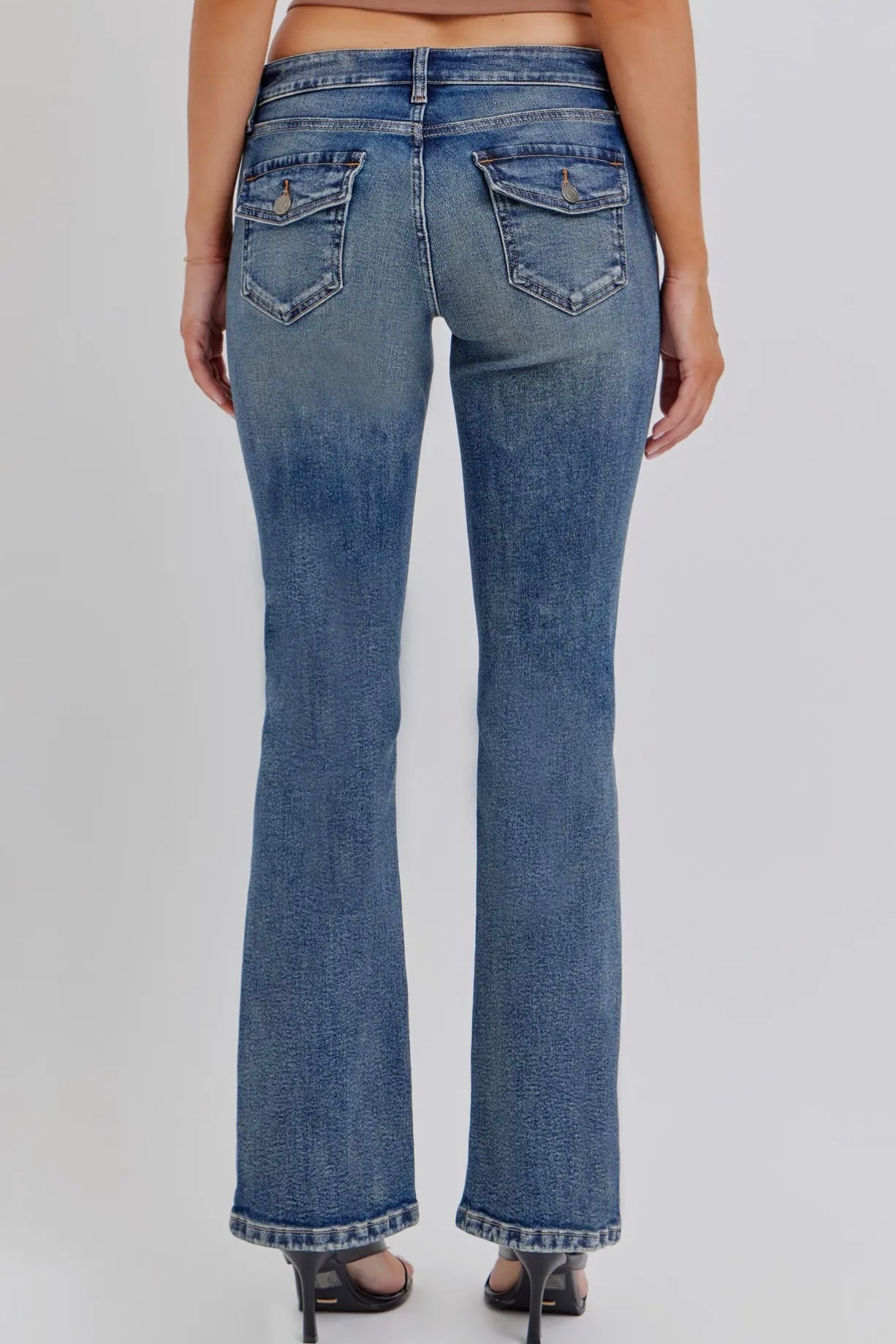 Cello Mid Rise Bootcut Jeans with Button Flap Back Pockets- Dark Tint