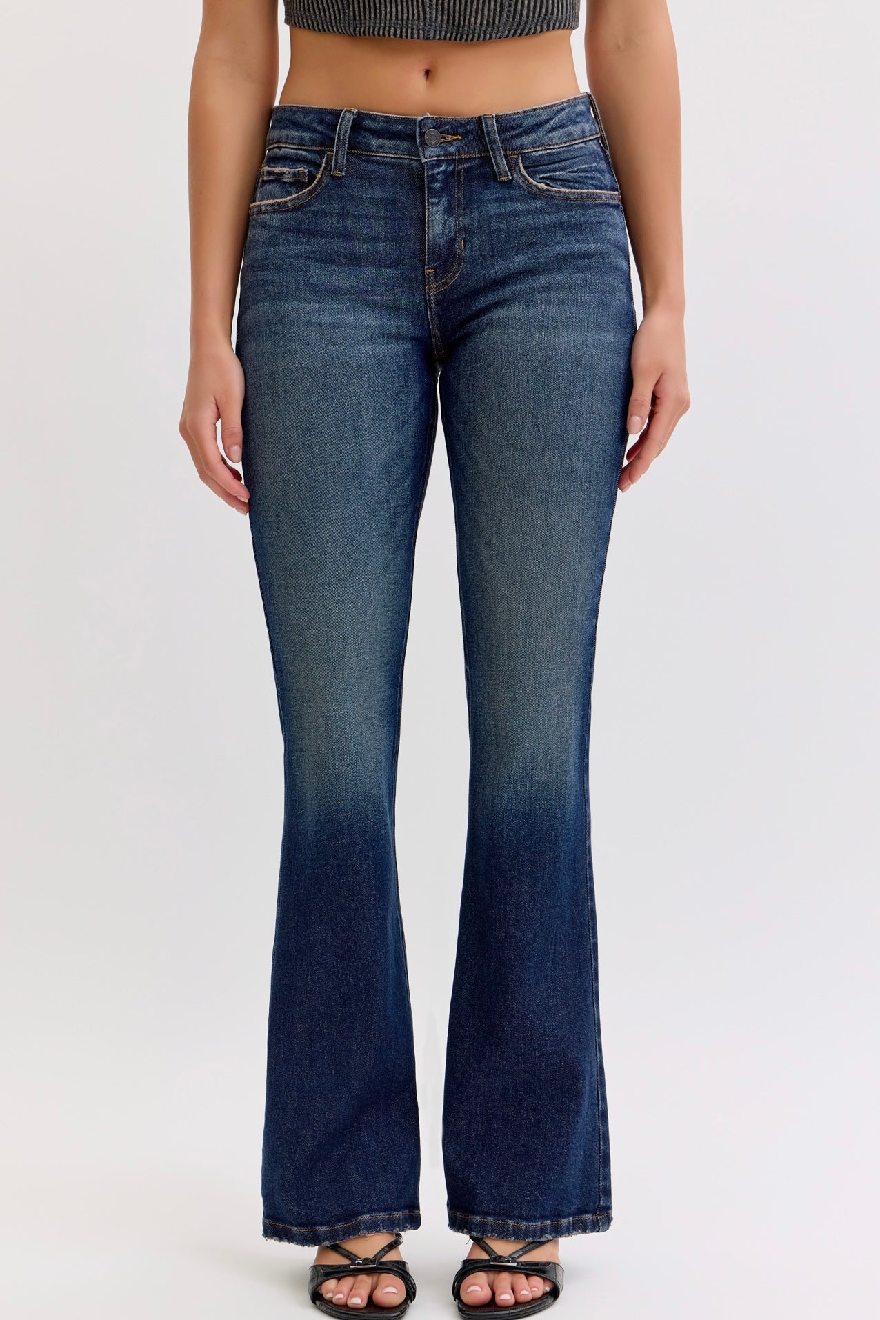 Cello Mid Rise Dark Wash Bootcut Jeans with Button Flap Back Pockets