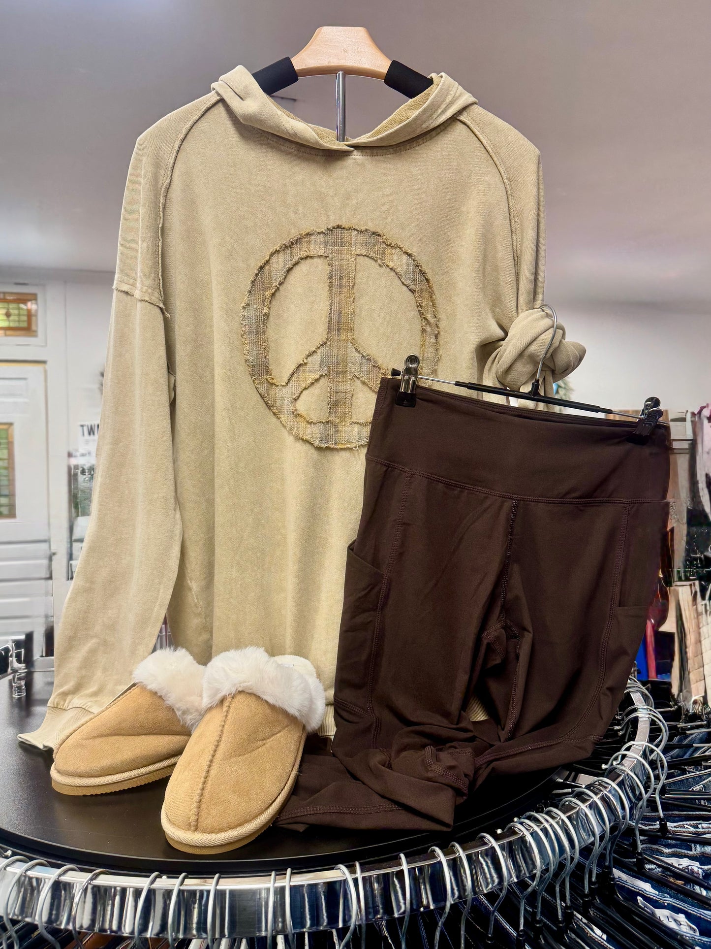 Easel Khaki Peace Sign Patch Hoodie