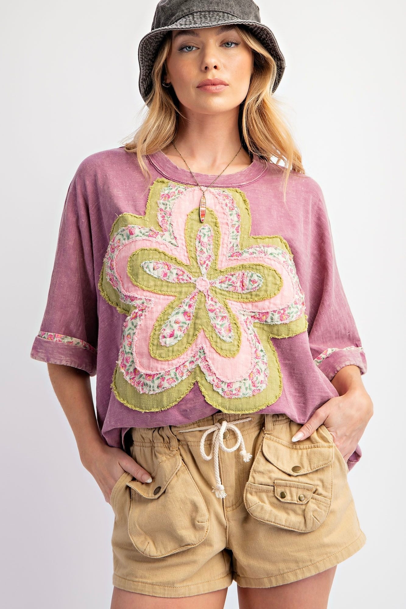 Easel Dusty Magenta Flower Patch Short Sleeve Applique Top