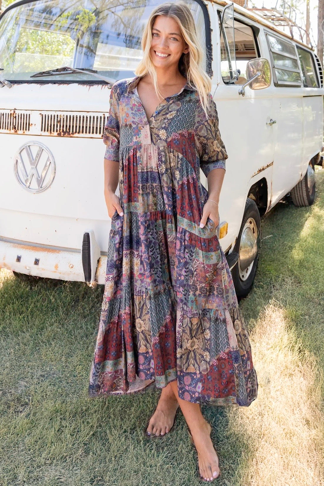 Natural Life Rebecca Midi Dress- Blue Patchwork
