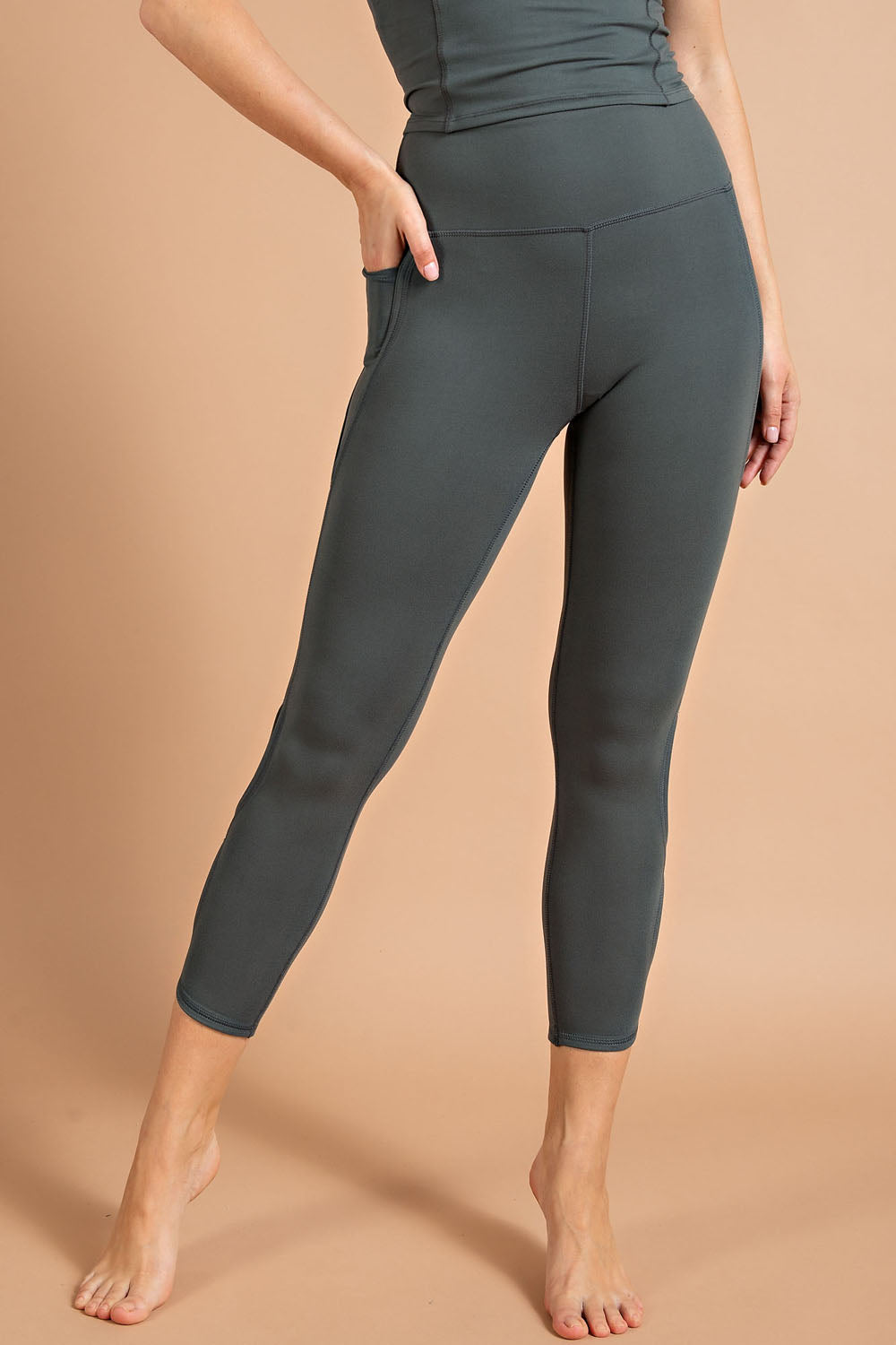 Smoked Spruce Butter Soft Cropped Yoga Leggings with Infinity Side Accent and Pockets