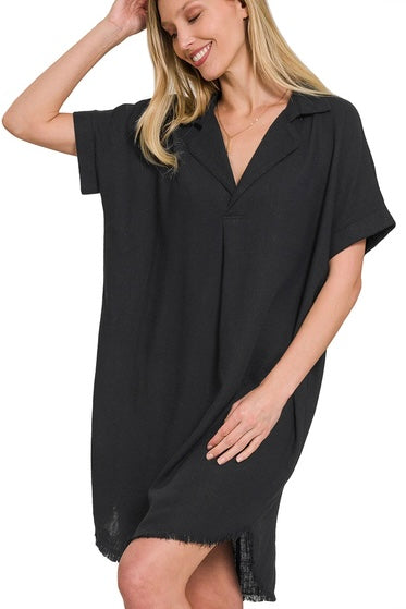 Black Linen Dress with Short Cuffed Sleeves and Frayed Hem