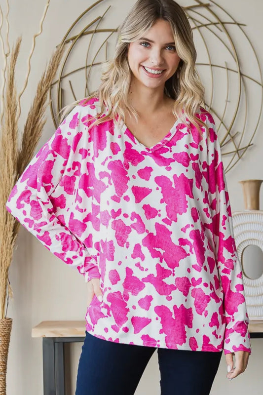 Hot Pink and White Cow Print Oversized V Neck Top