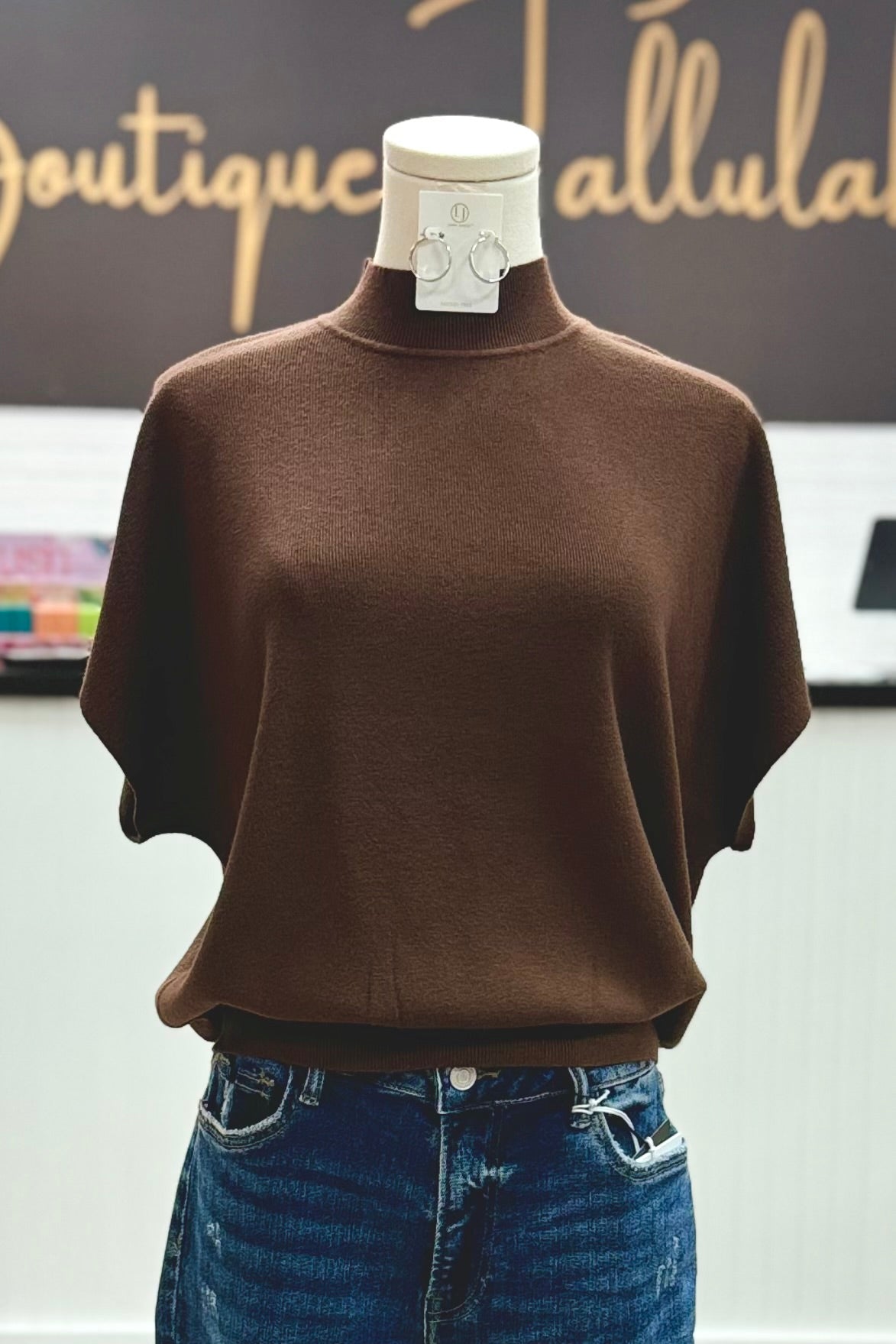 Brown Mock Neck Short Dolman Sleeve Lightweight Sweater Top