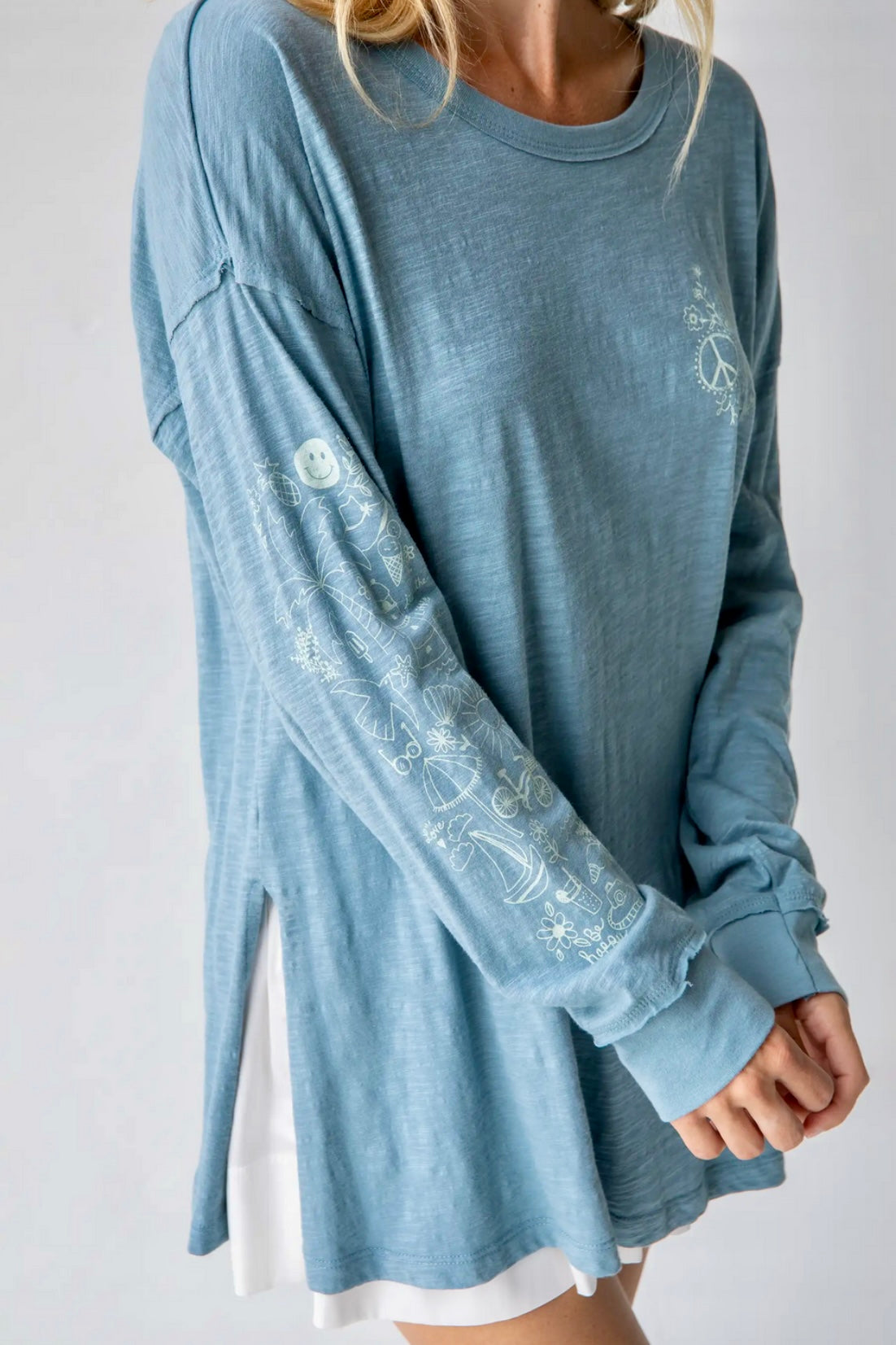 Natural Life Long Sleeve Cotton Doodle Tee - Light Blue